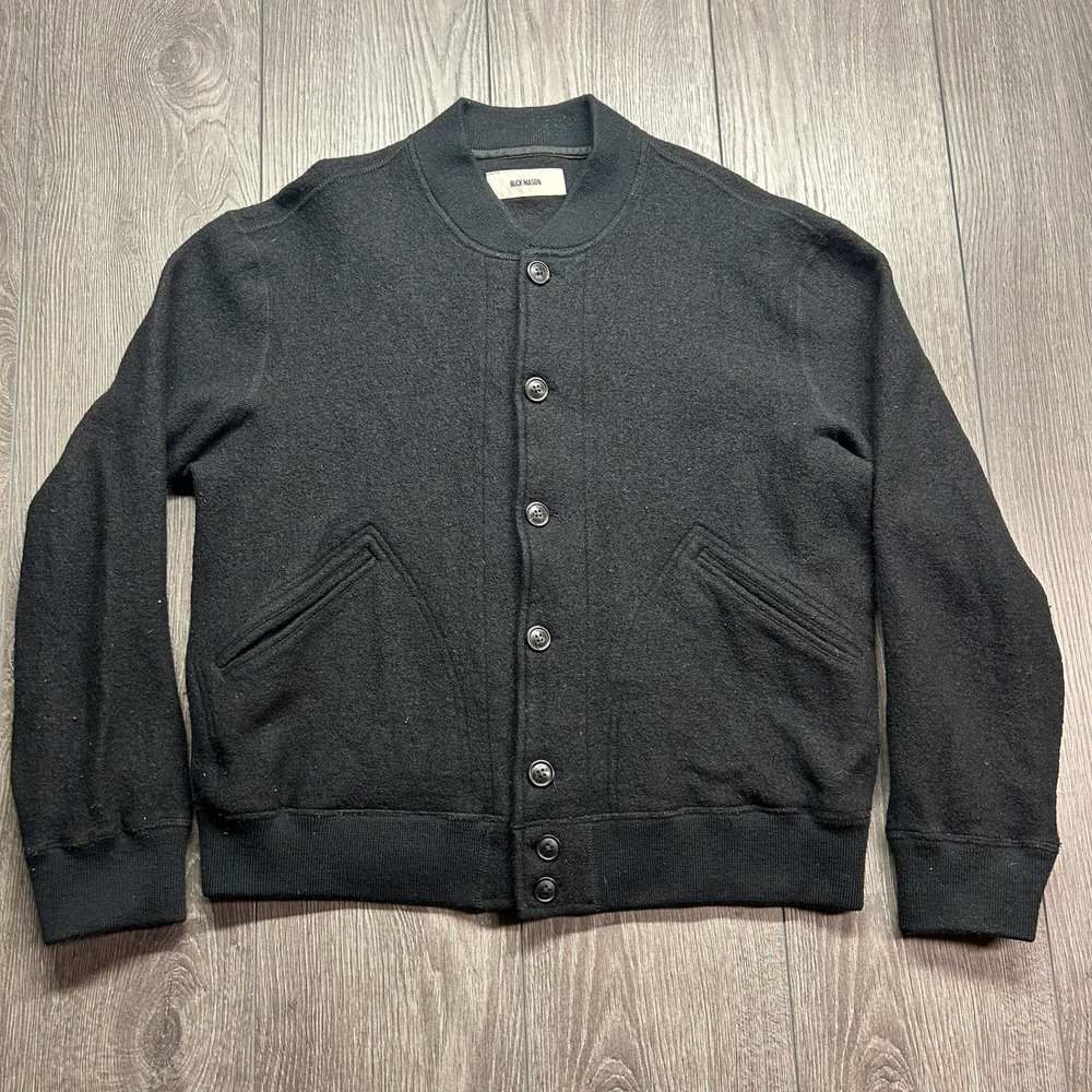 Buck Mason Black Felted Merino Wool Bomber Large Jacket Button Mens BM16029